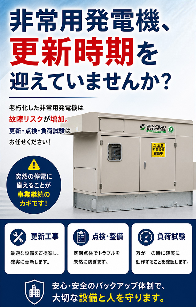 非常用発電機、更新時期を迎えていませんか？老朽化した非常用発電機は故障リスクが増加。更新・点検・負荷試験はお任せください！